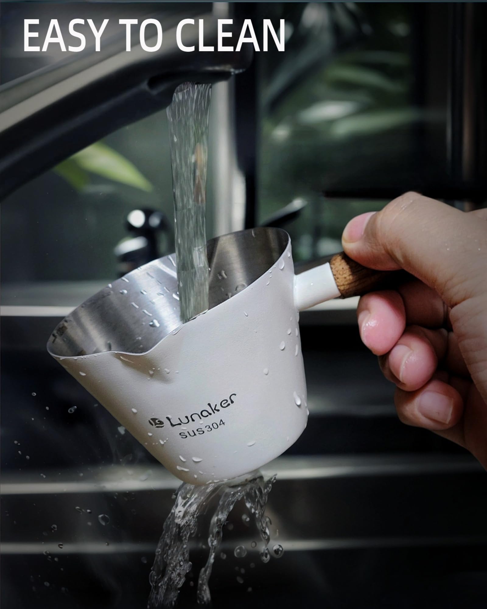 Lunaker double-spouts pour design to minimize spills during transfers.