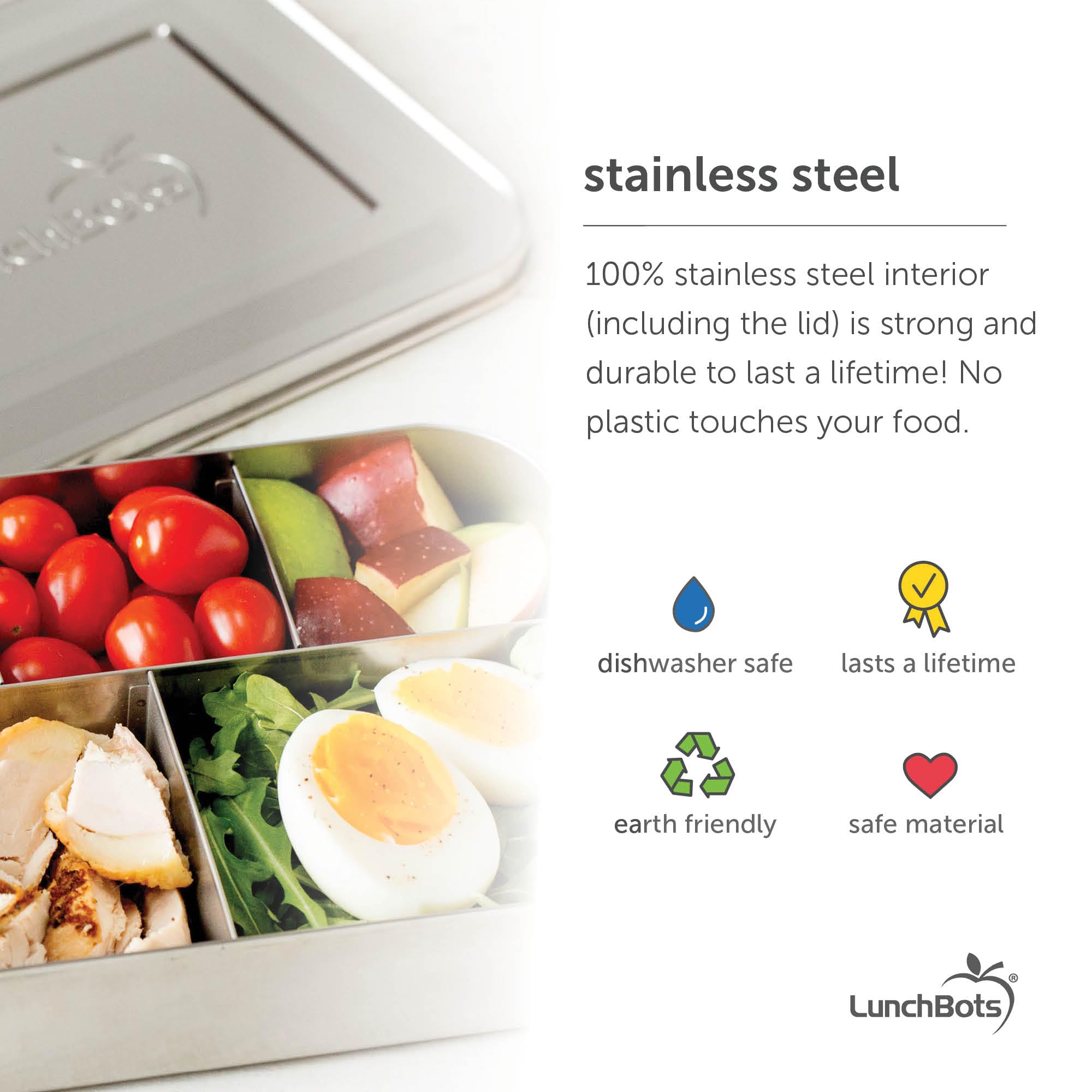 LunchBots stainless lid closeup highlights durable, secure closure.