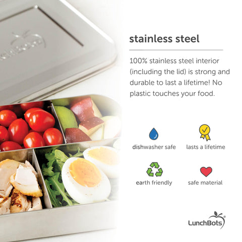 LunchBots stainless lid closeup highlights durable, secure closure.
