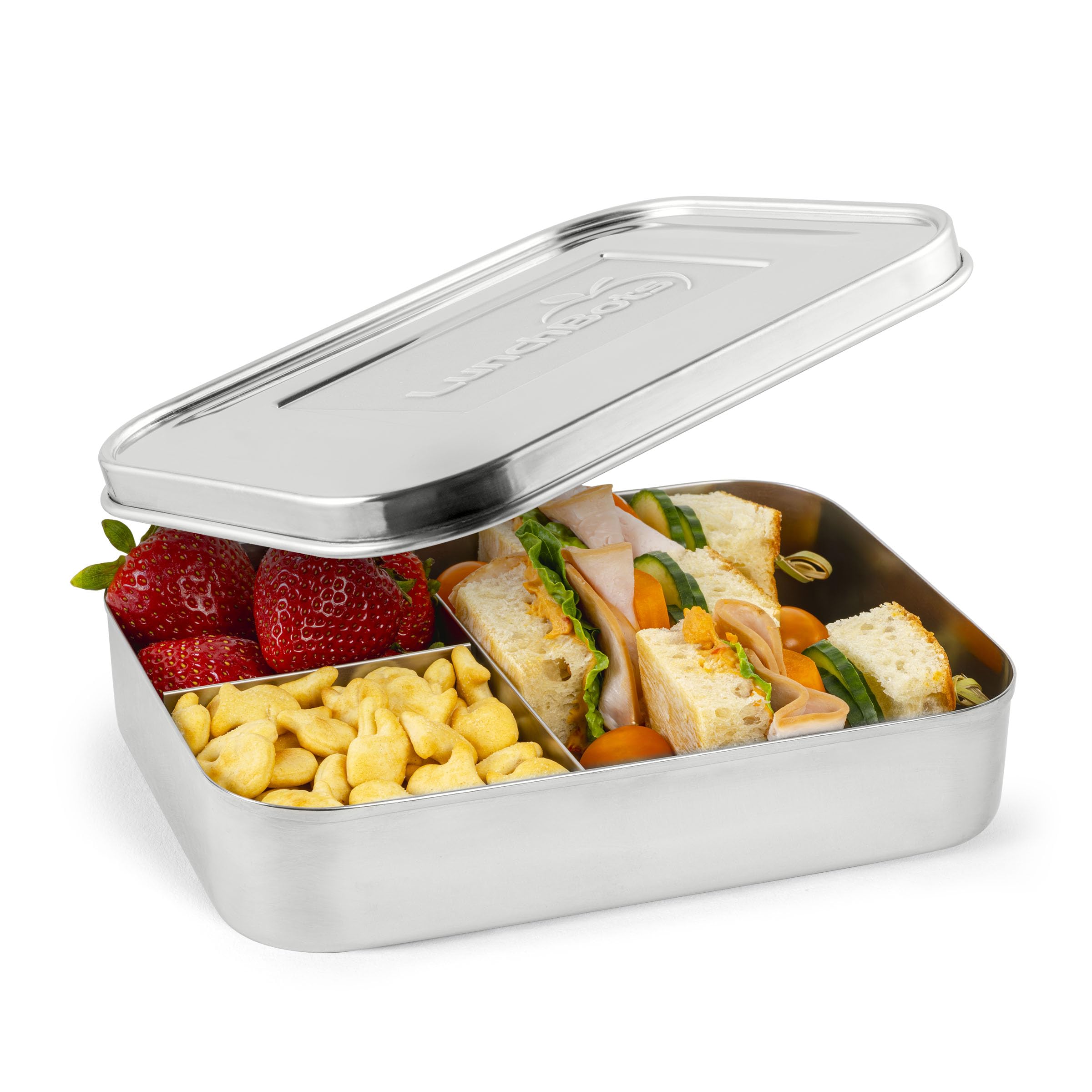 LunchBots Large Trio stainless lunch container keeps a sandwich neatly separated.