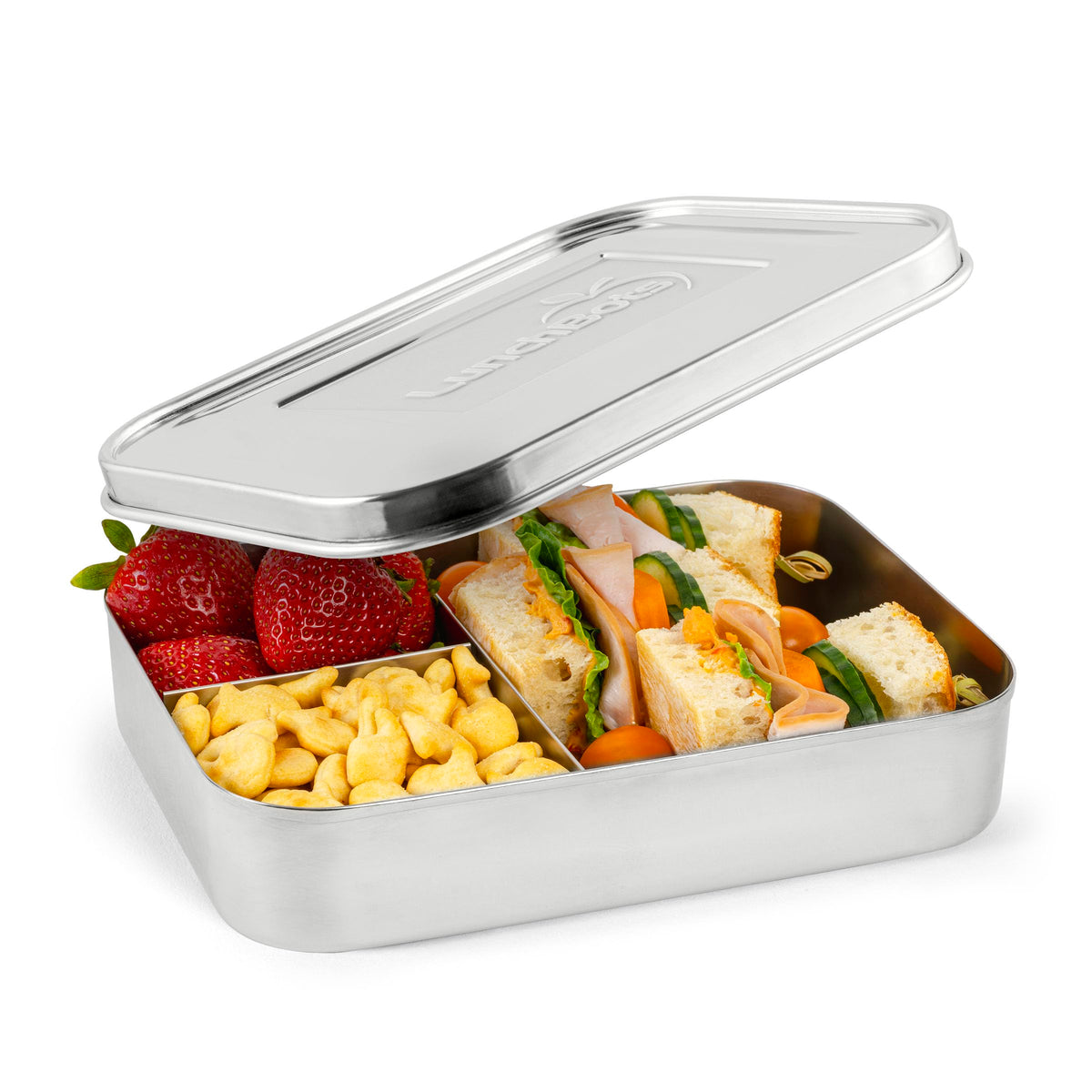 LunchBots Large Trio stainless lunch container keeps a sandwich neatly separated.