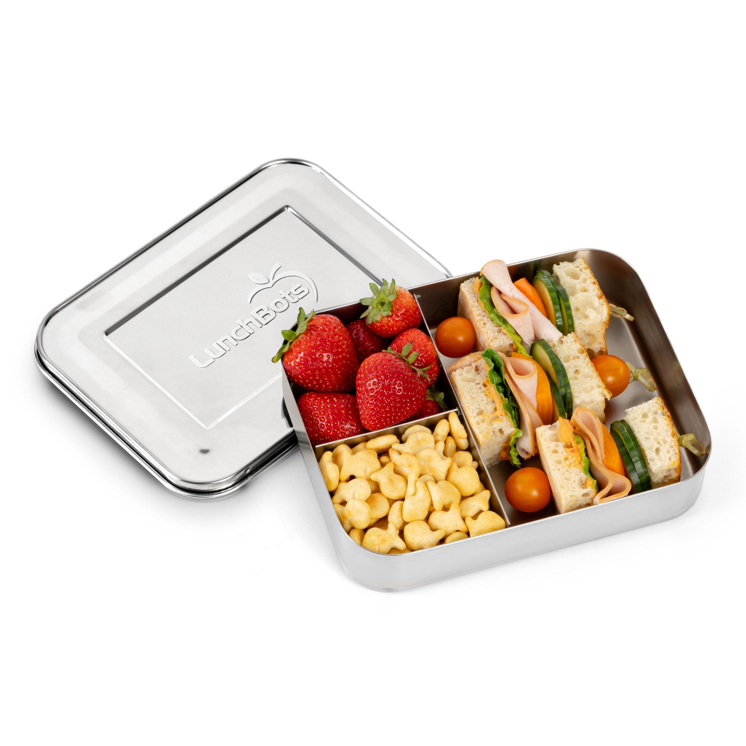 LunchBots Large Trio three-section design keeps sides separated.