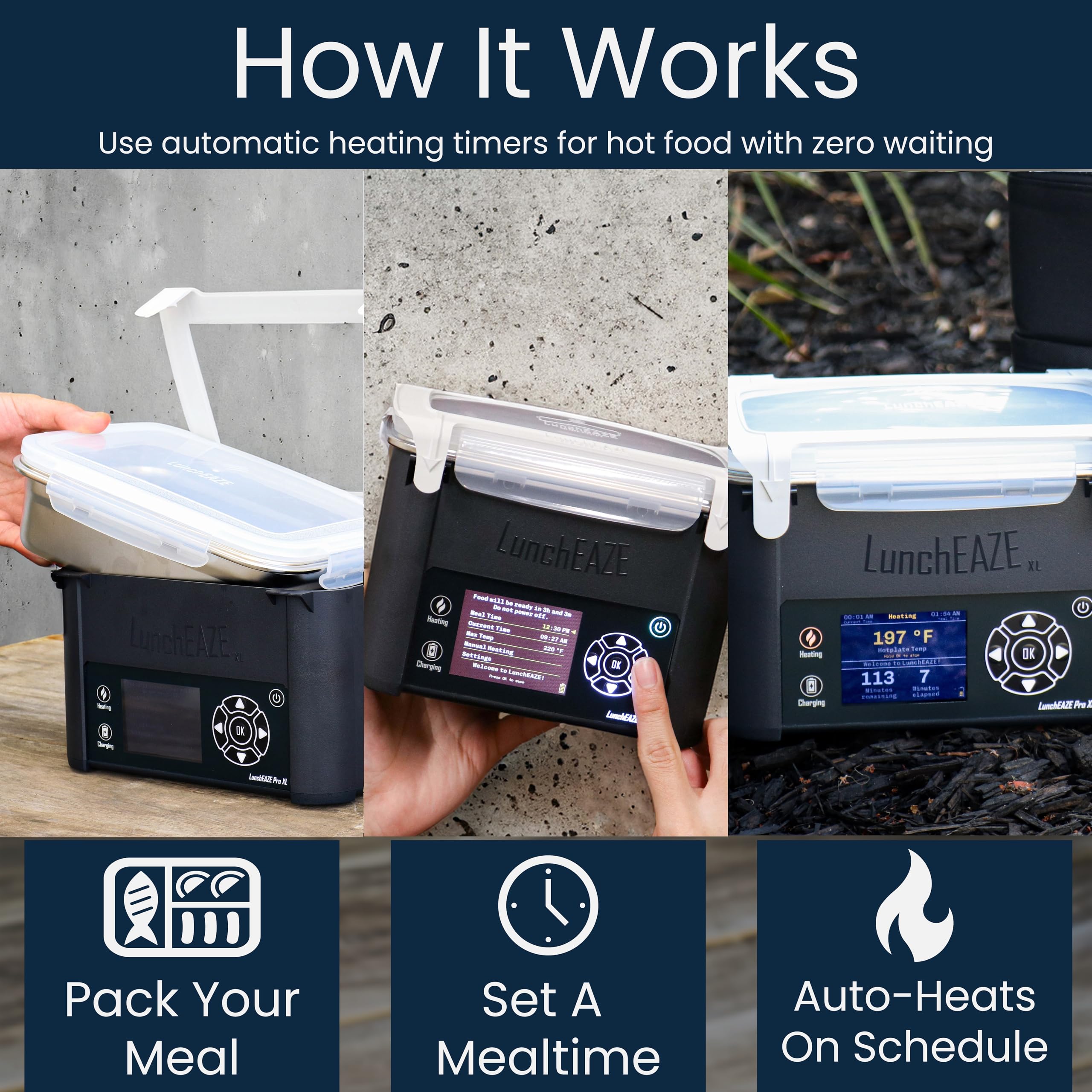 LunchEAZE Pro temperature display showing exact heat level for meals.