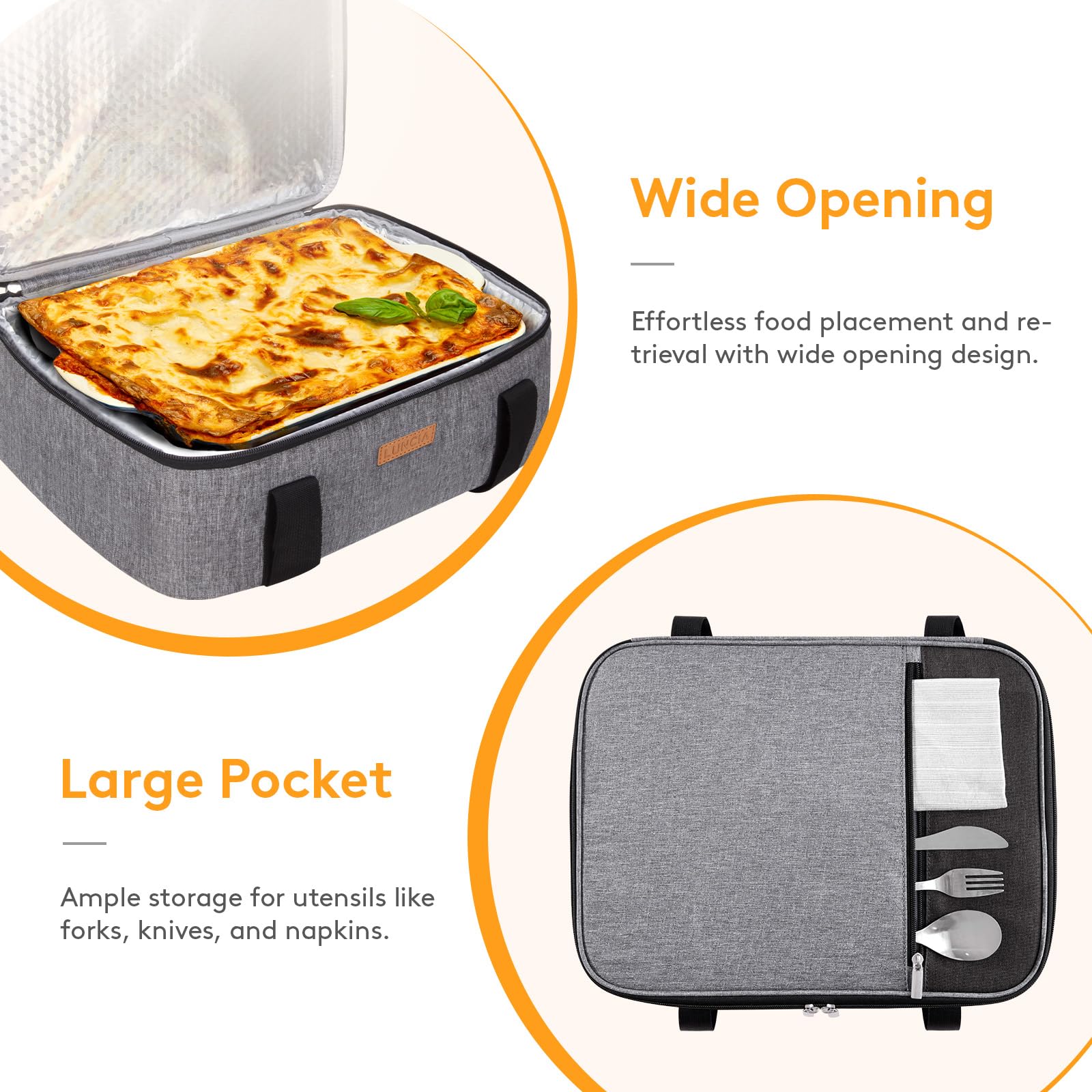 Interior fits a 9x11 casserole dish with space for accessories in LUNCIA carrier