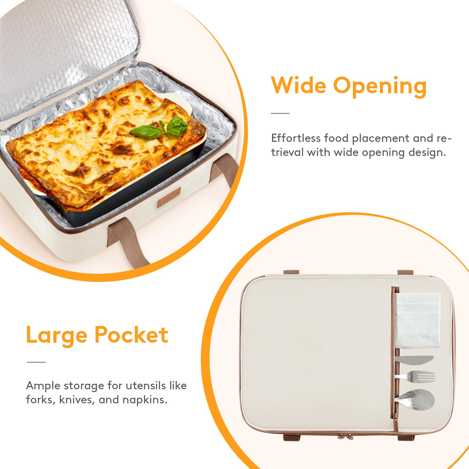 LUNCIA exterior pocket holds utensils and napkins for potlucks