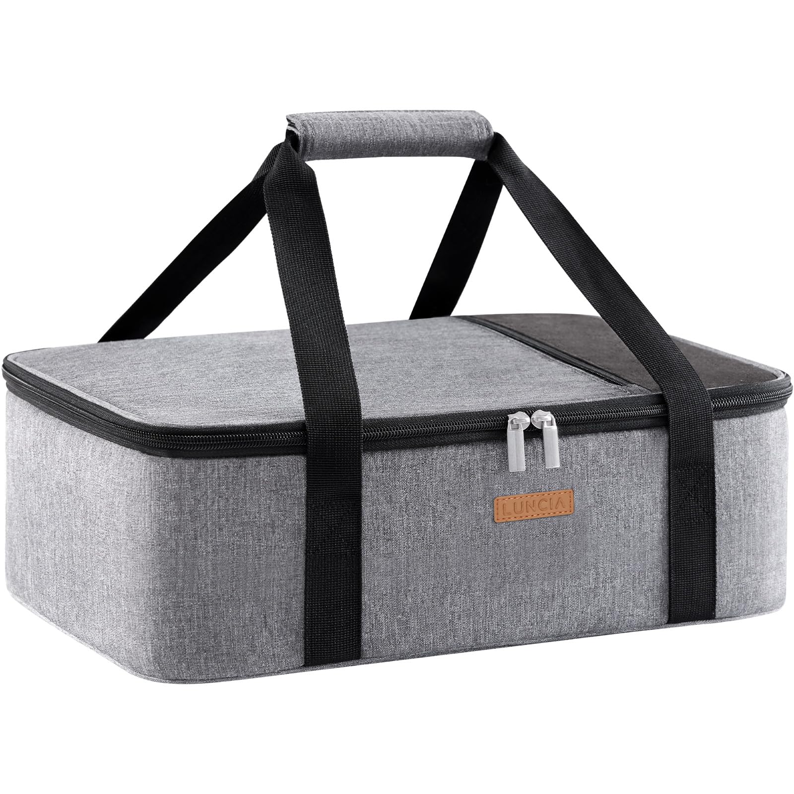 LUNCIA insulated casserole carrier exterior shows durable, water-resistant fabric for easy transport