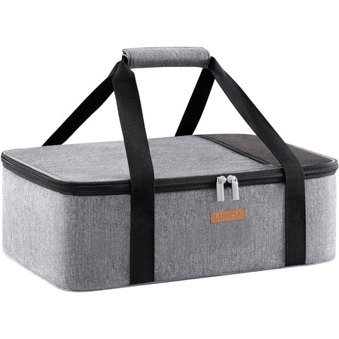 LUNCIA insulated casserole carrier exterior shows durable, water-resistant fabric for easy transport