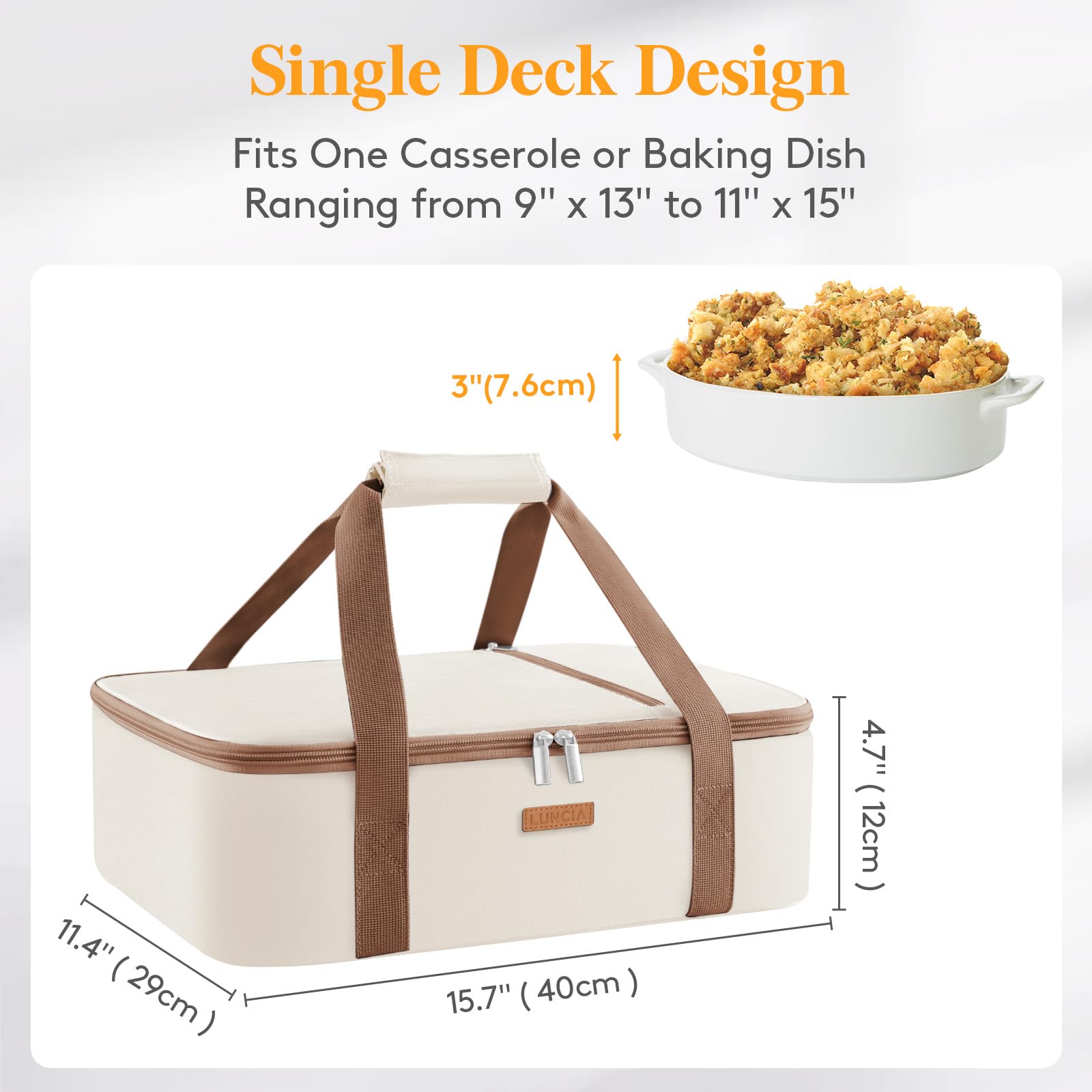 LUNCIA casserole carrier interior features foil lining for reliable thermal resistance.