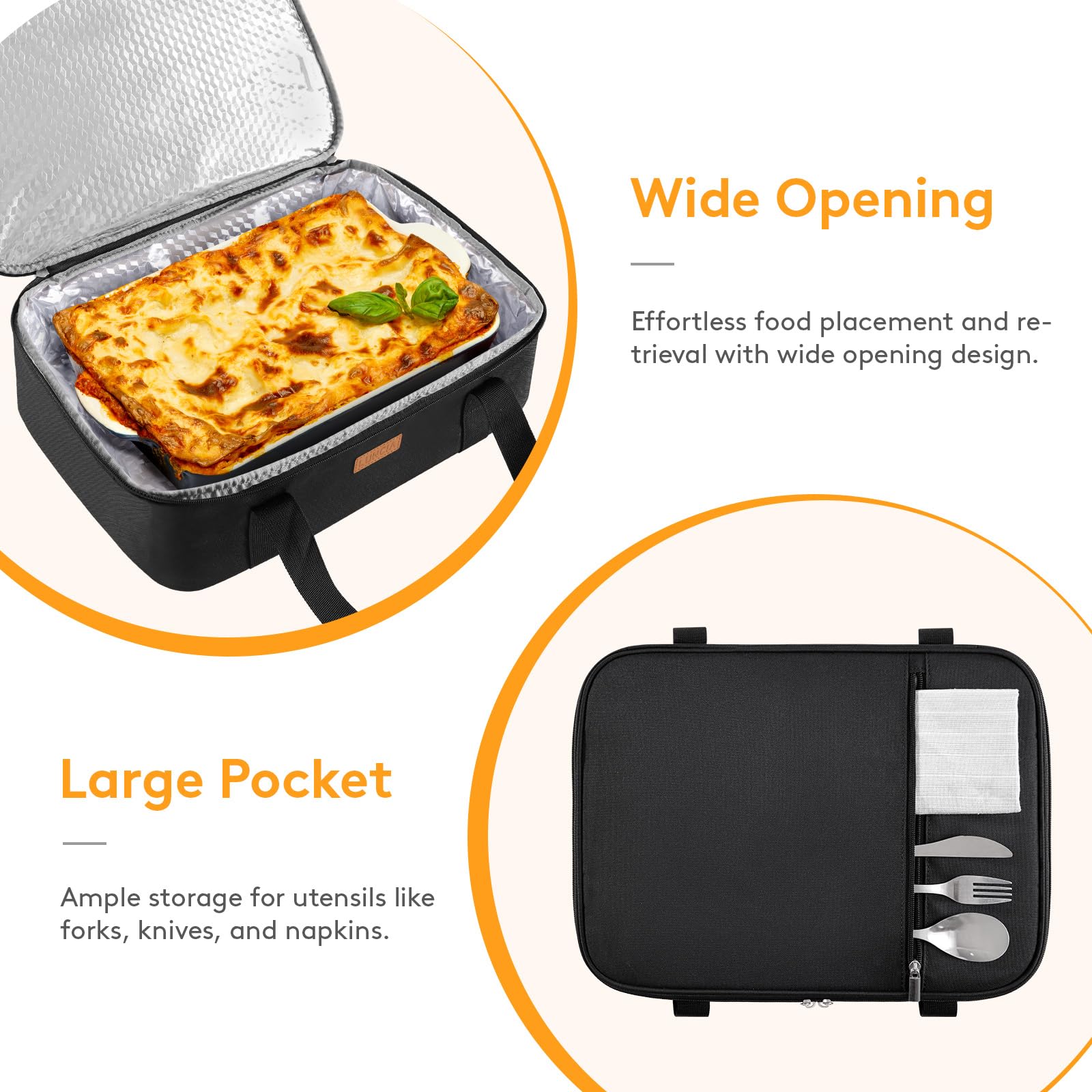 LUNCIA carrier exterior pocket keeps utensils and napkins organized