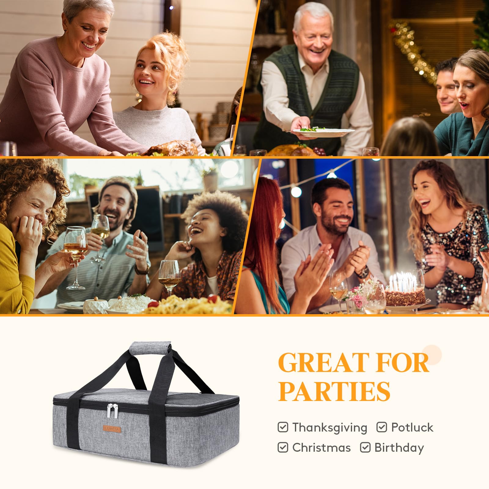 LUNCIA padded velcro handles enable comfortable carrying to gatherings.