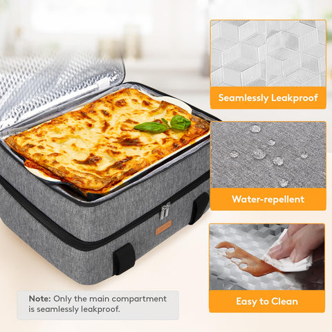 LUNCIA wide-opening zipper allows easy loading of casseroles and lids.