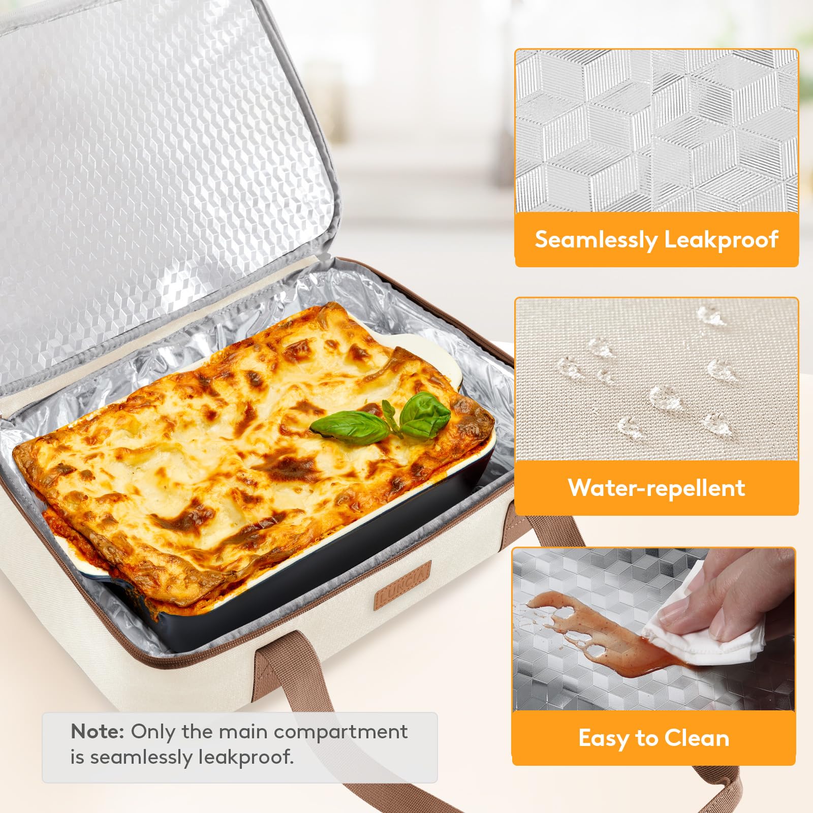 LUNCIA wide opening and zipper enable easy loading and unloading of dishes.