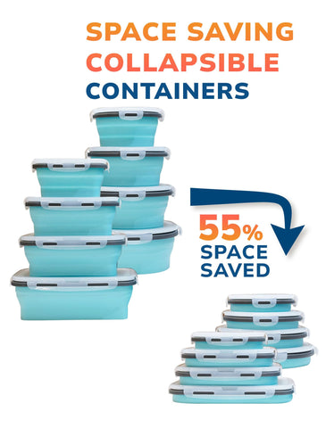 Lunememo blue collapsible containers folded compact for lunches and trips.