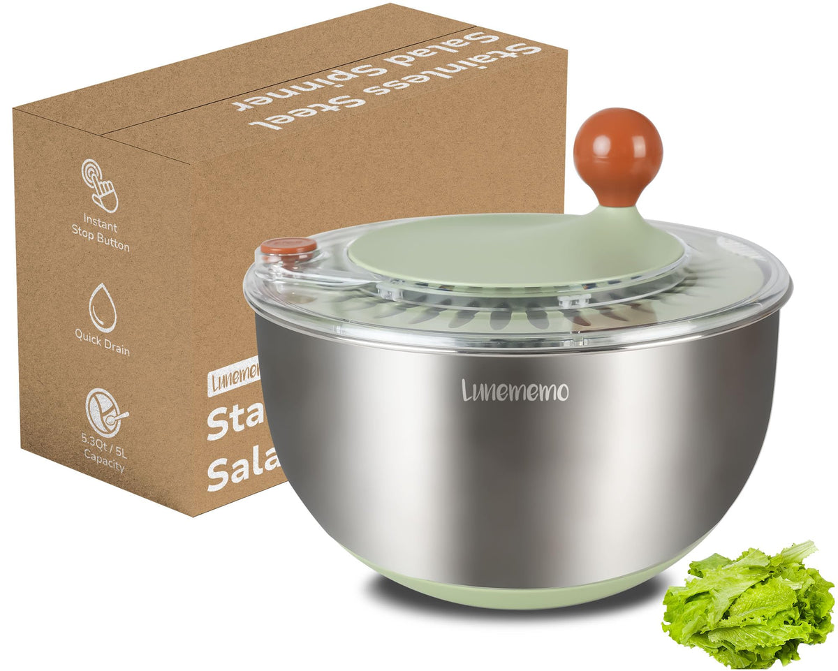Lunememo salad spinner with 5.3 qt bowl for quick greens drying