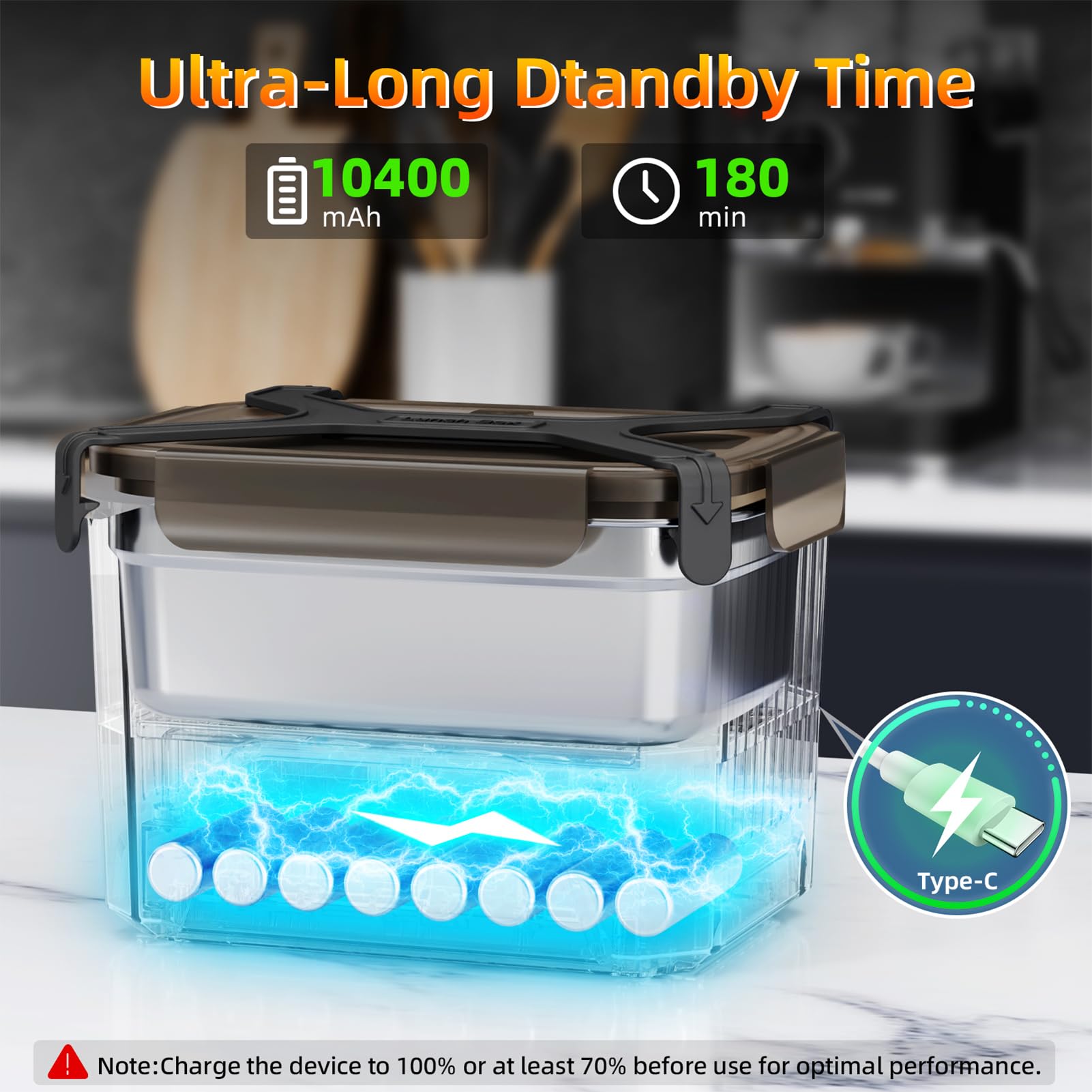 Lunheat lunch box on desk shows ready-to-eat meals without outlets