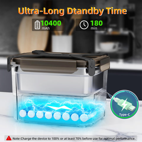Lunheat lunch box on desk shows ready-to-eat meals without outlets