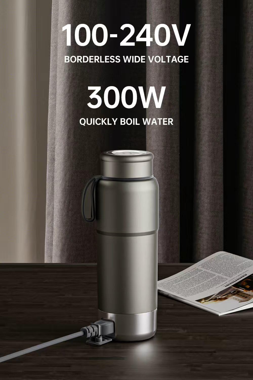 Lunowa 520ML Pure Titanium Kettle dual voltage sign, global travel compatibility.