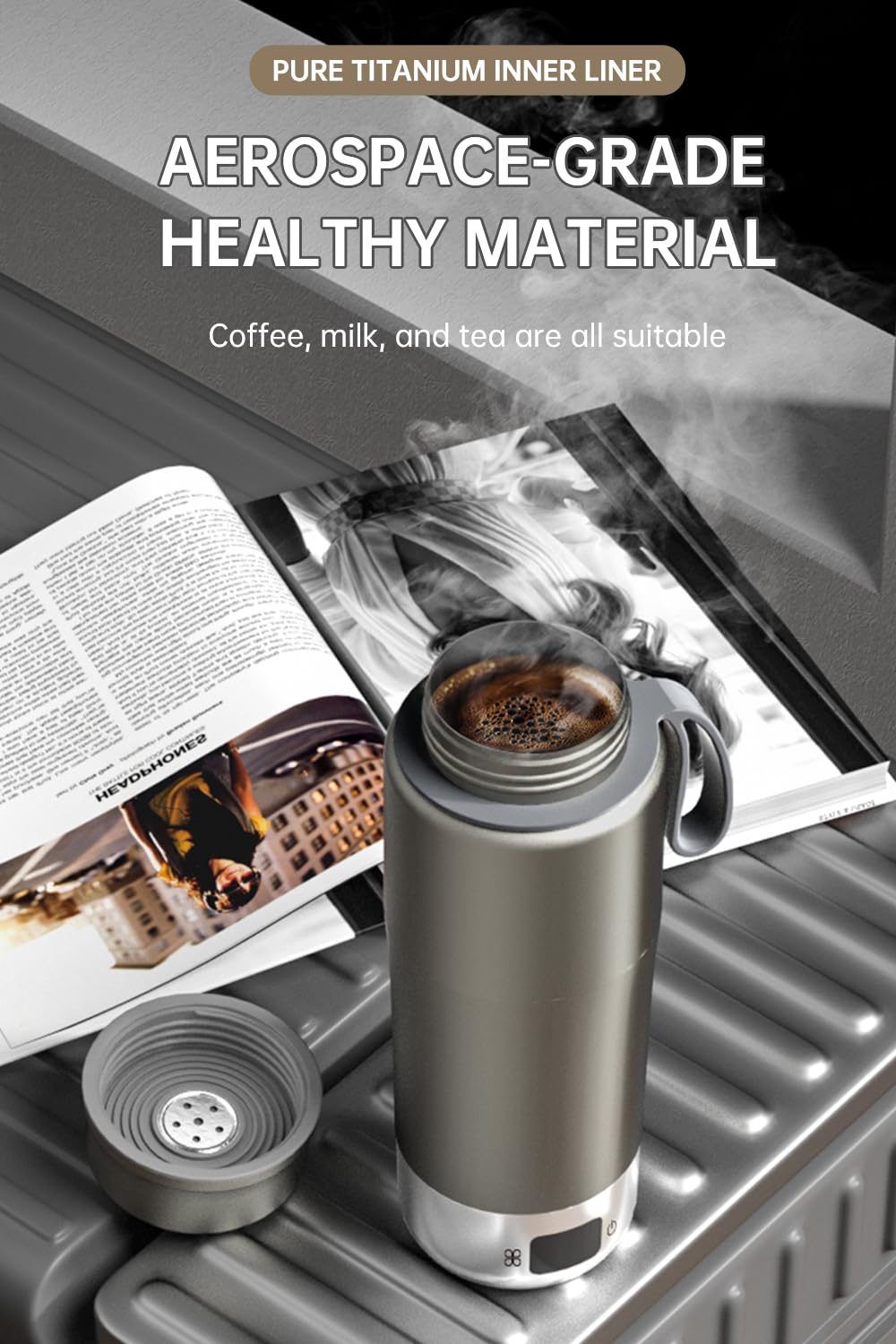 Lunowa 520ML Pure Titanium Kettle soft-touch lid, comfortable sealing during travel.