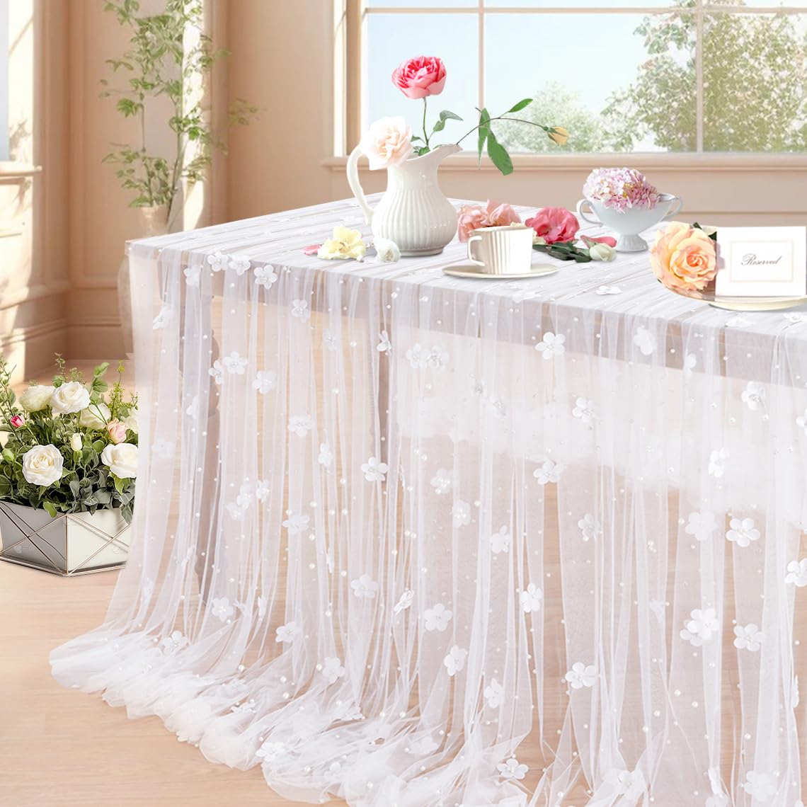 LuoluoHouse white pearl tulle tablecloth 120x60 with 3D flowers for elegant wedding decor.