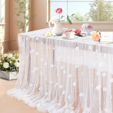 LuoluoHouse white pearl tulle tablecloth 120x60 with 3D flowers for elegant wedding decor.