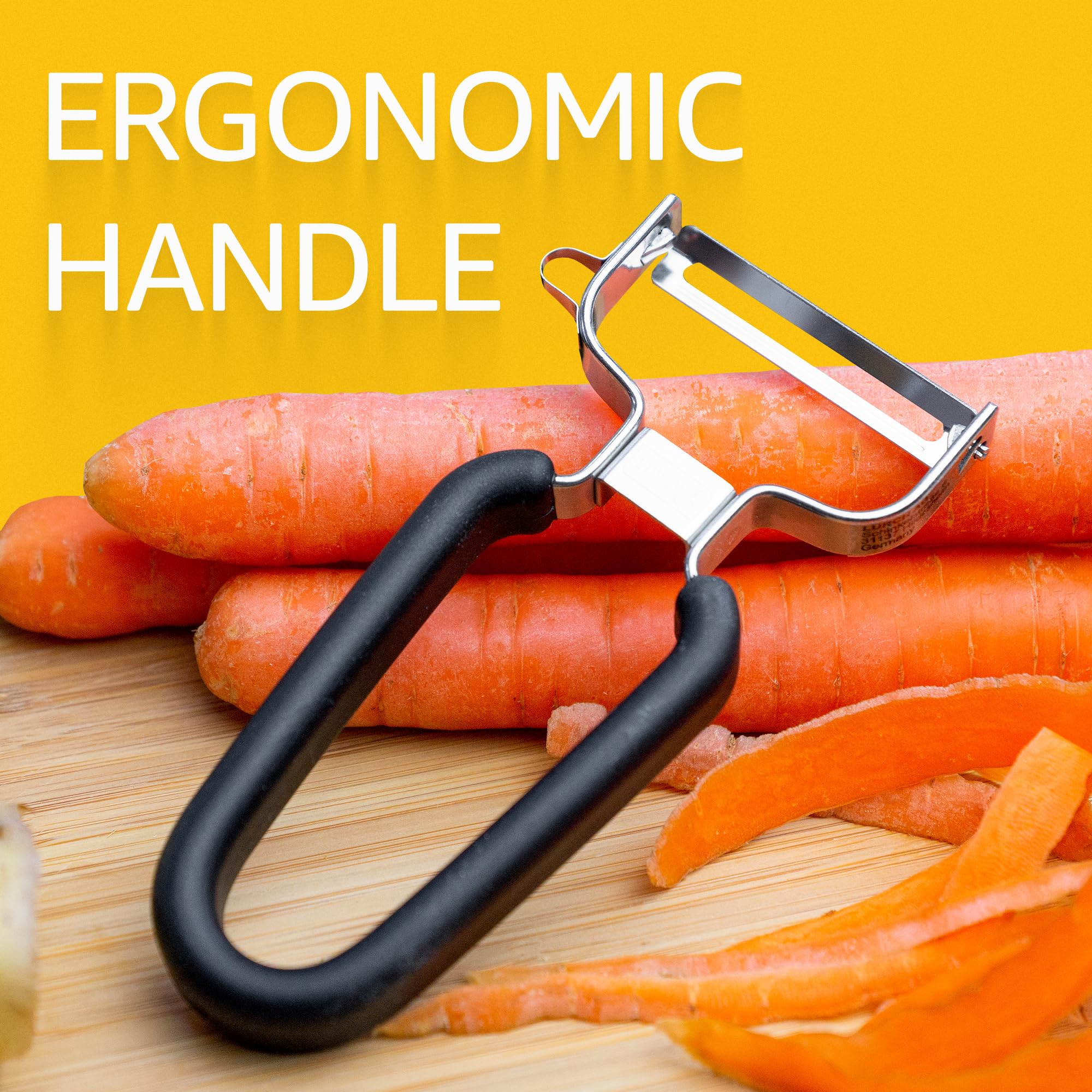 LURCH peeler gliding over curved vegetables for smooth thin peels