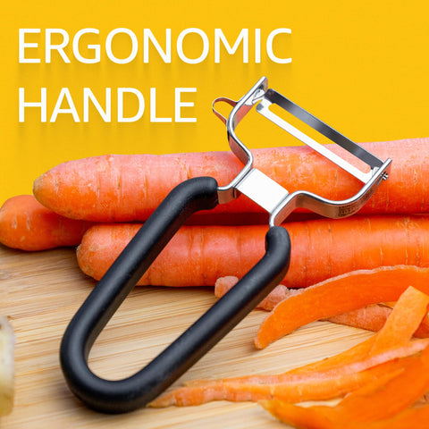 LURCH peeler gliding over curved vegetables for smooth thin peels