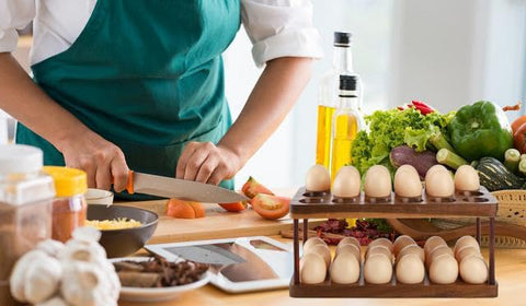 Lurockie Acacia double-layer egg holder back view highlighting symmetry and space-saving design
