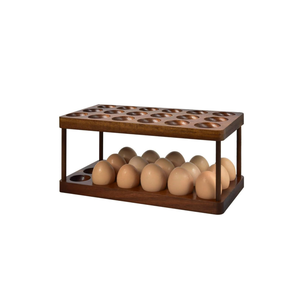 Lurockie Acacia double-layer egg holder on counter-view showing organized storage and rustic appeal