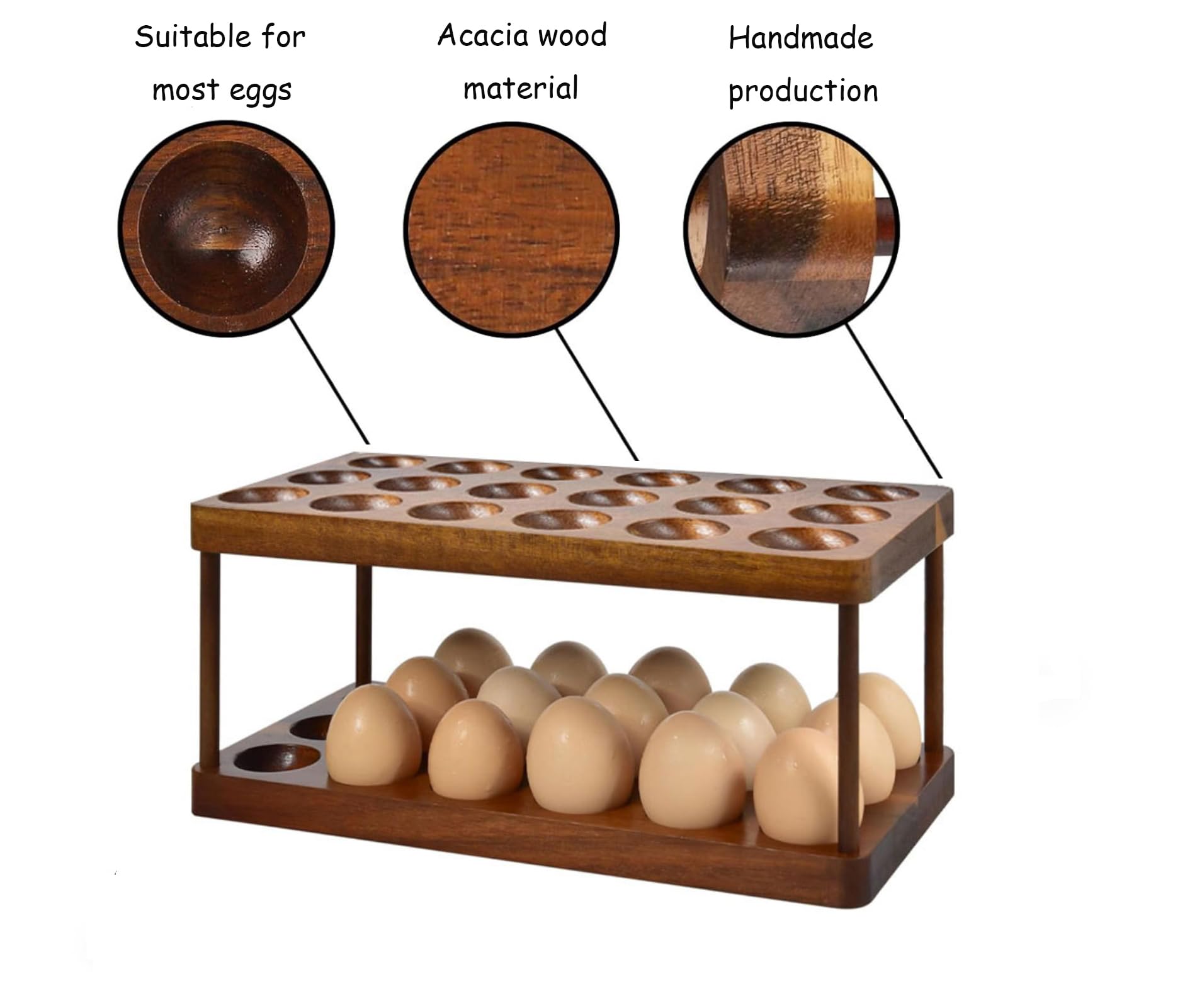 Lurockie Acacia egg rack on countertop keeps eggs within reach and enhances decor