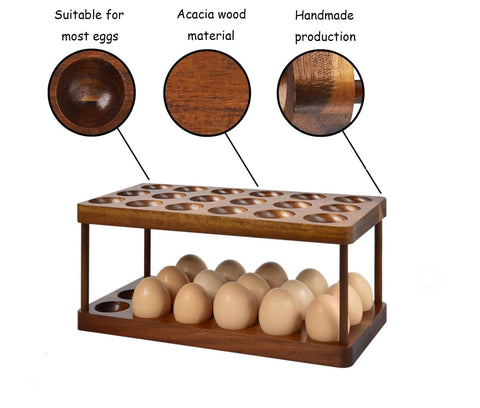 Lurockie Acacia egg rack on countertop keeps eggs within reach and enhances decor