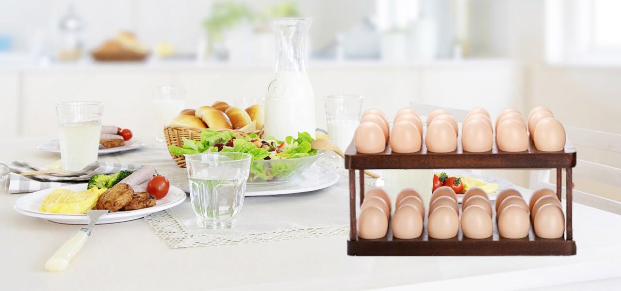 Lurockie Acacia egg rack on refrigerator shelf offers everyday convenience and tidy staging