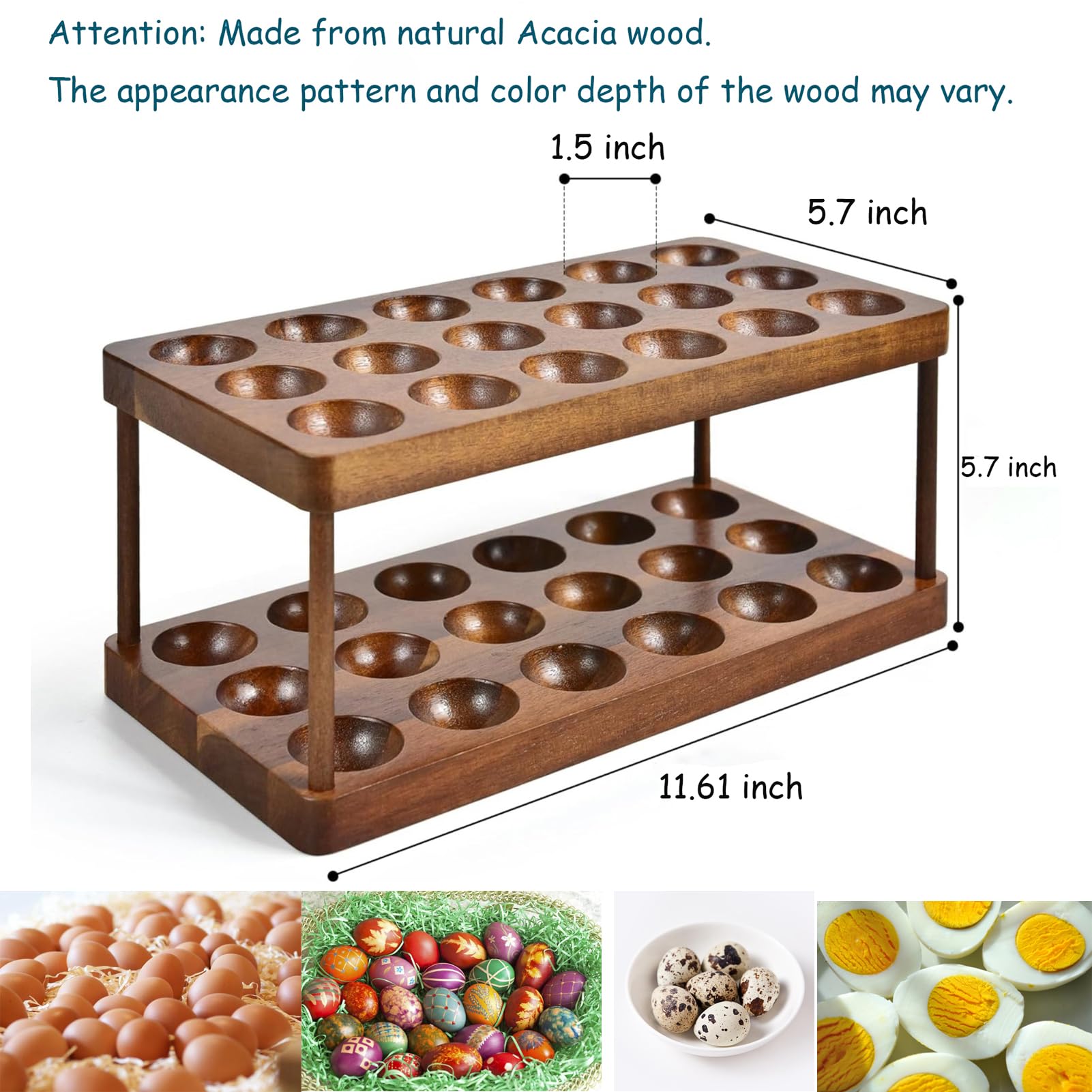 Lurockie Acacia wooden egg rack top tier displaying eggs neatly and accessibly