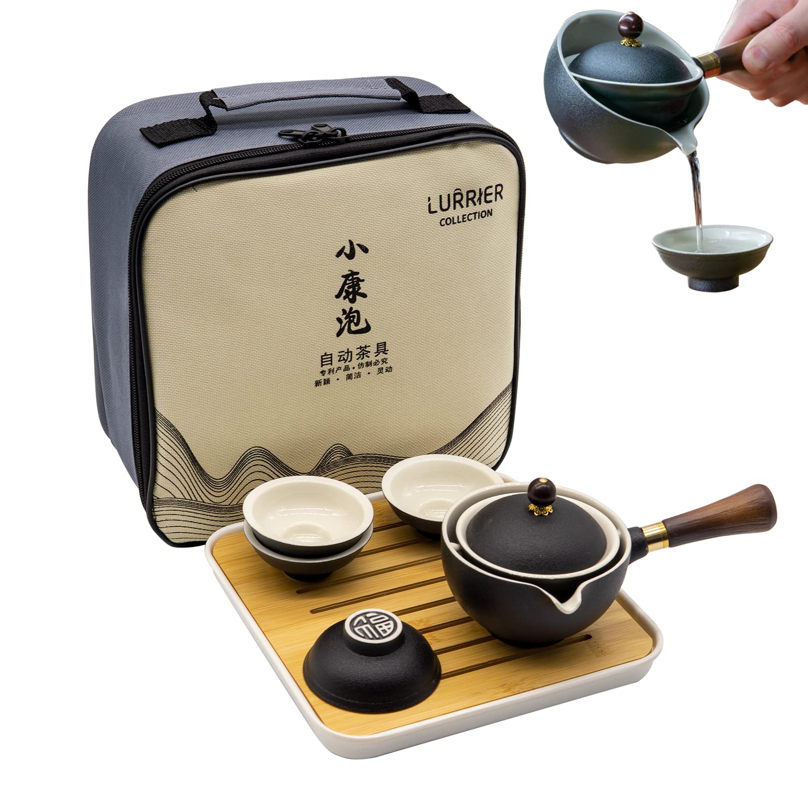 LURRIER porcelain gongfu tea set with 360° rotate teapot for easy brewing on the go.