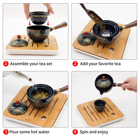 LURRIER tea set combines wooden handle for safer pours and hot-water protection.