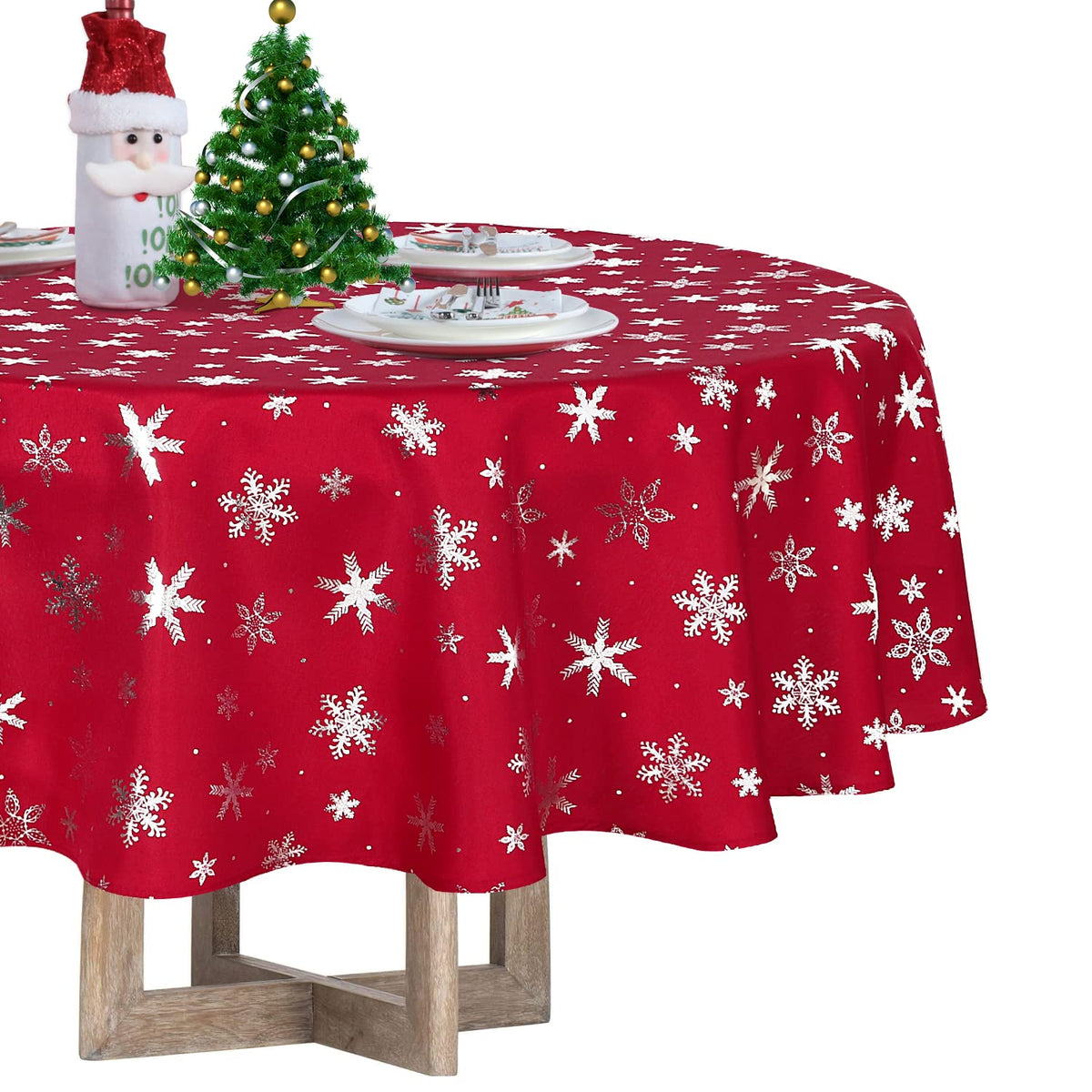 LUSHVIDA round Christmas tablecloth with snowflakes foil print for festive gatherings