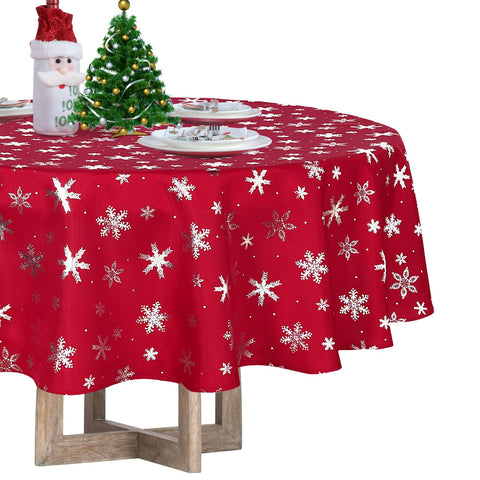 LUSHVIDA round Christmas tablecloth with snowflakes foil print for festive gatherings