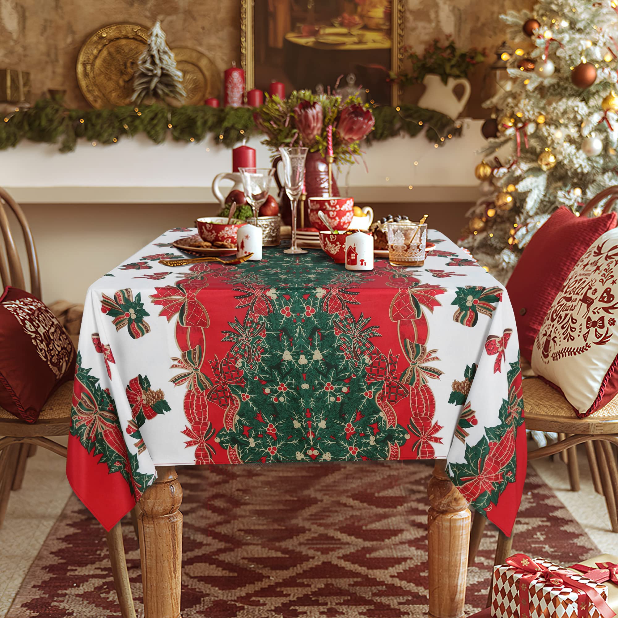 LUSHVIDA edge-to-edge holly ribbon print creates a cohesive table centerpiece.
