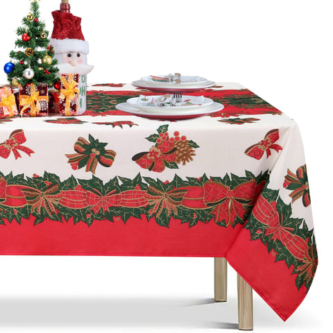 LUSHVIDA holly ribbon pattern tablecloth on 60x84 table enhances festive dining.