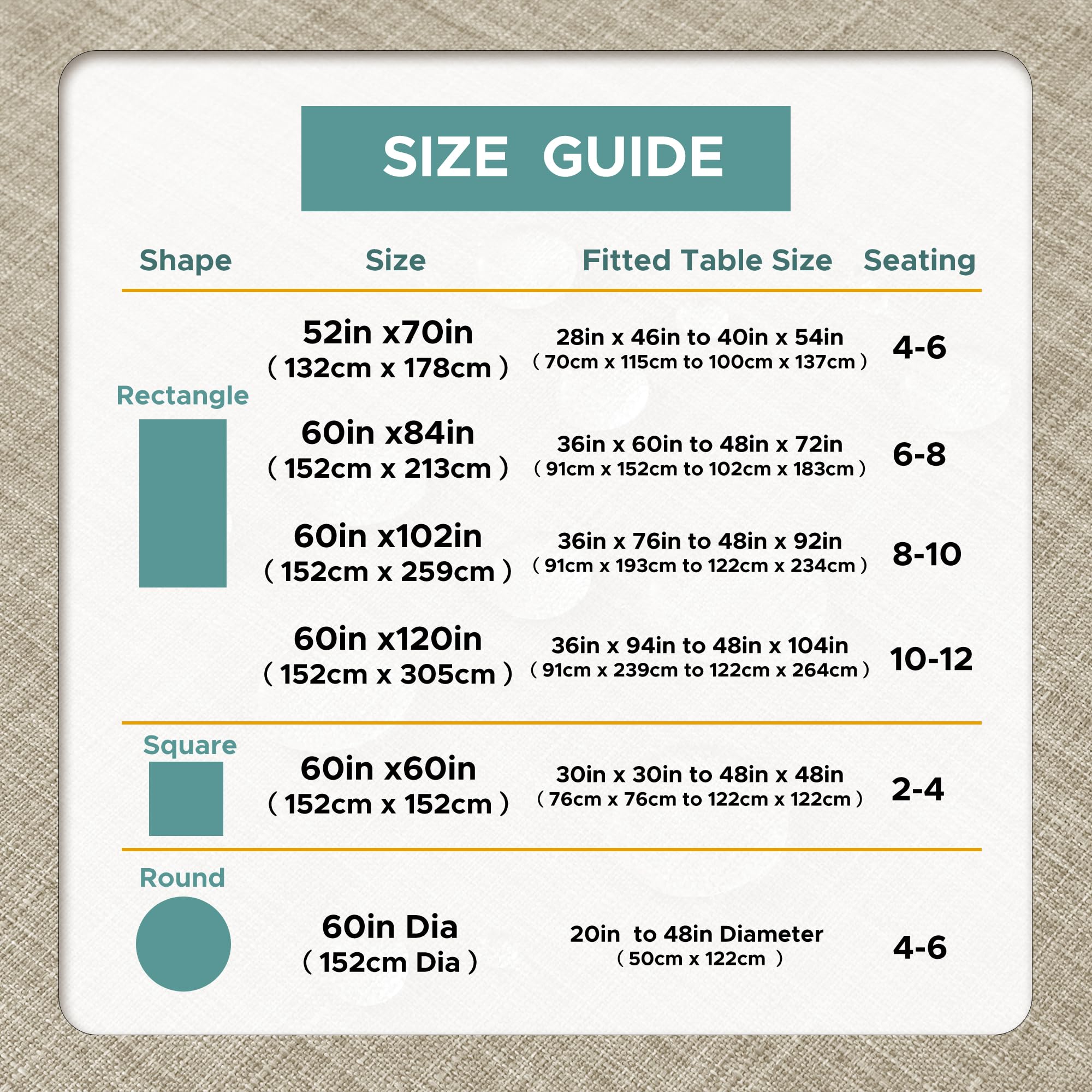 Size chart reference for LUSHVIDA outdoor tablecloth options