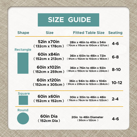 Size chart reference for LUSHVIDA outdoor tablecloth options