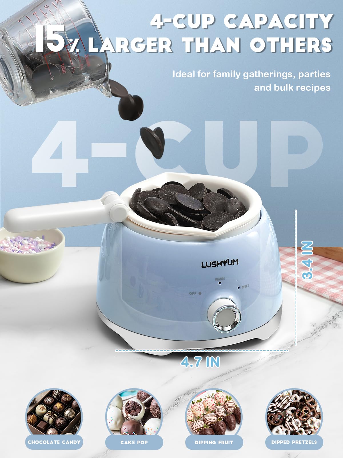 LUSHYUM 4-cup capacity melting pot ideal for large batches.
