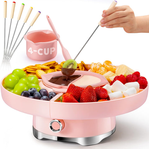 LUSHYUM chocolate fondue pot set with 4-cup capacity ready for dipping.
