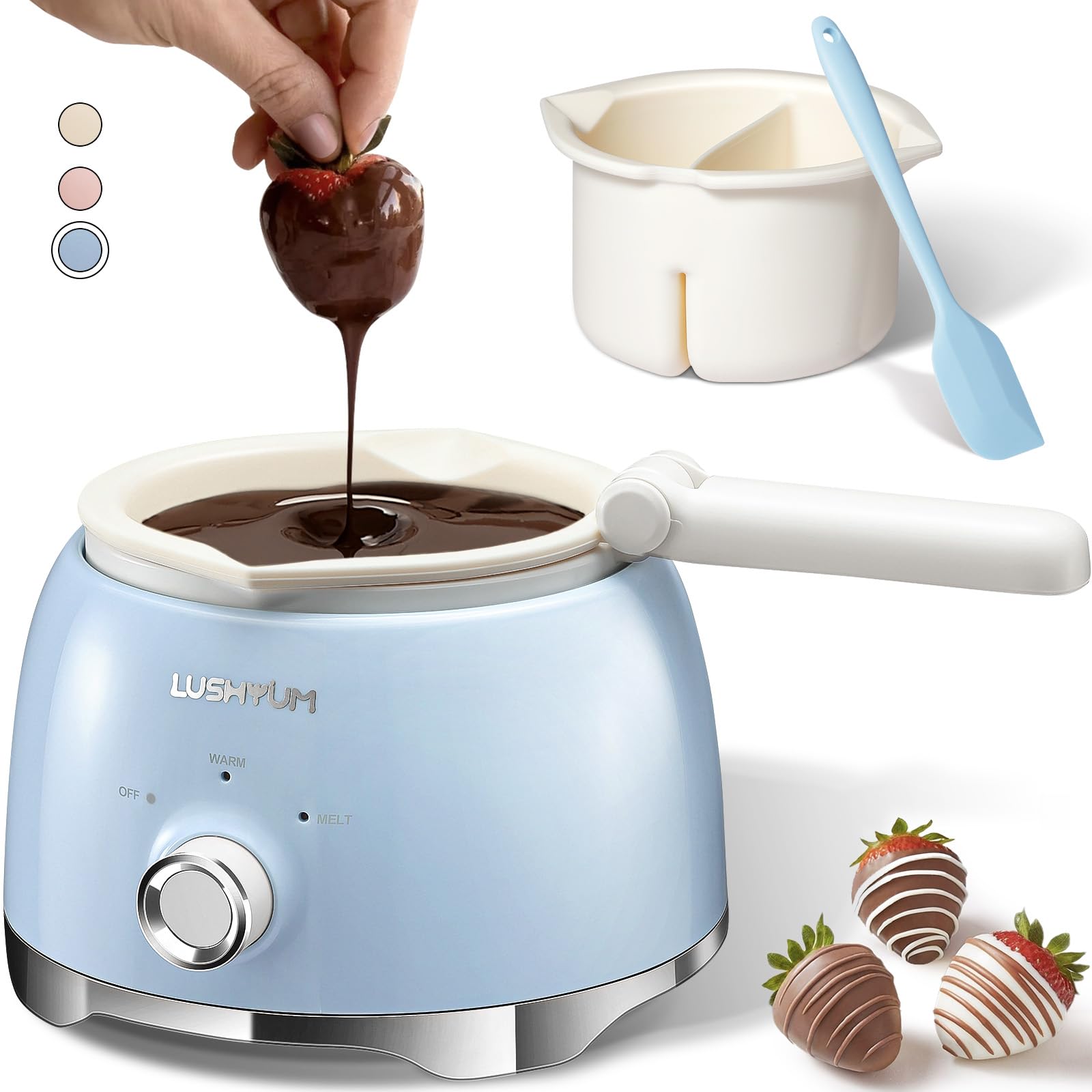 LUSHYUM chocolate melting pot front view with smooth chocolate ready for dipping.