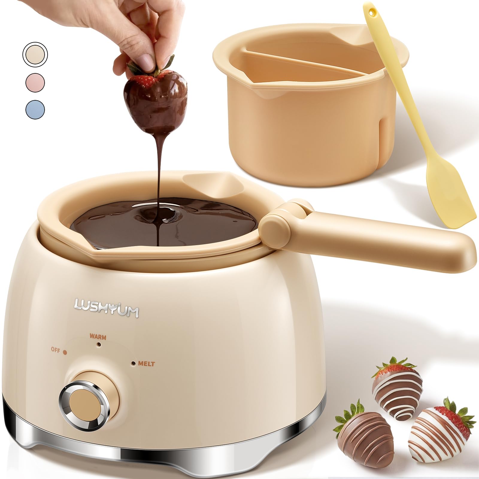 LUSHYUM chocolate melting pot station keeps chocolate smooth and ready for dipping.