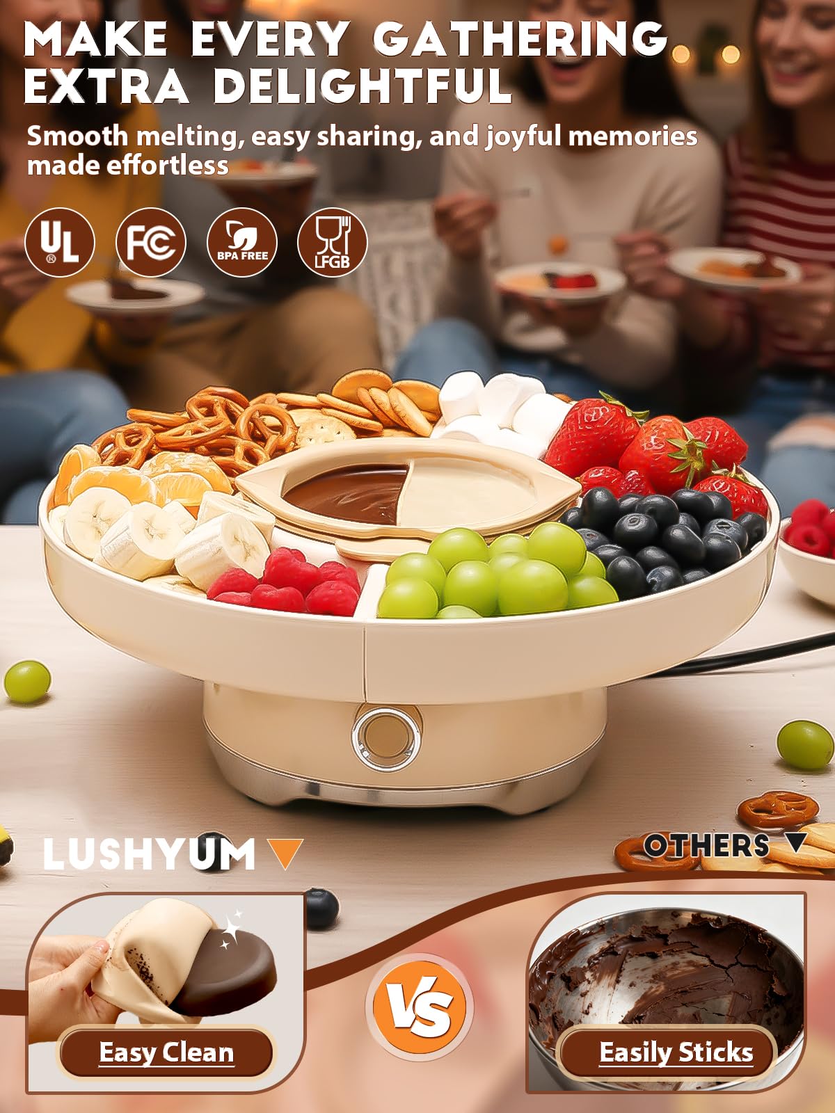 LUSHYUM color-coded forks and spatula for mess-free dipping.