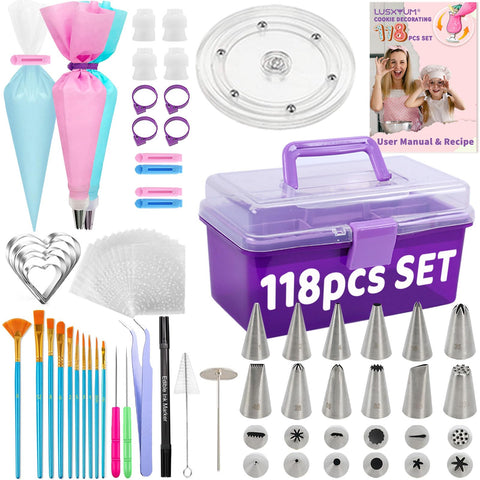 LUSHYUM cookie decorating kit 118pcs with complete tools for beginners and pros.