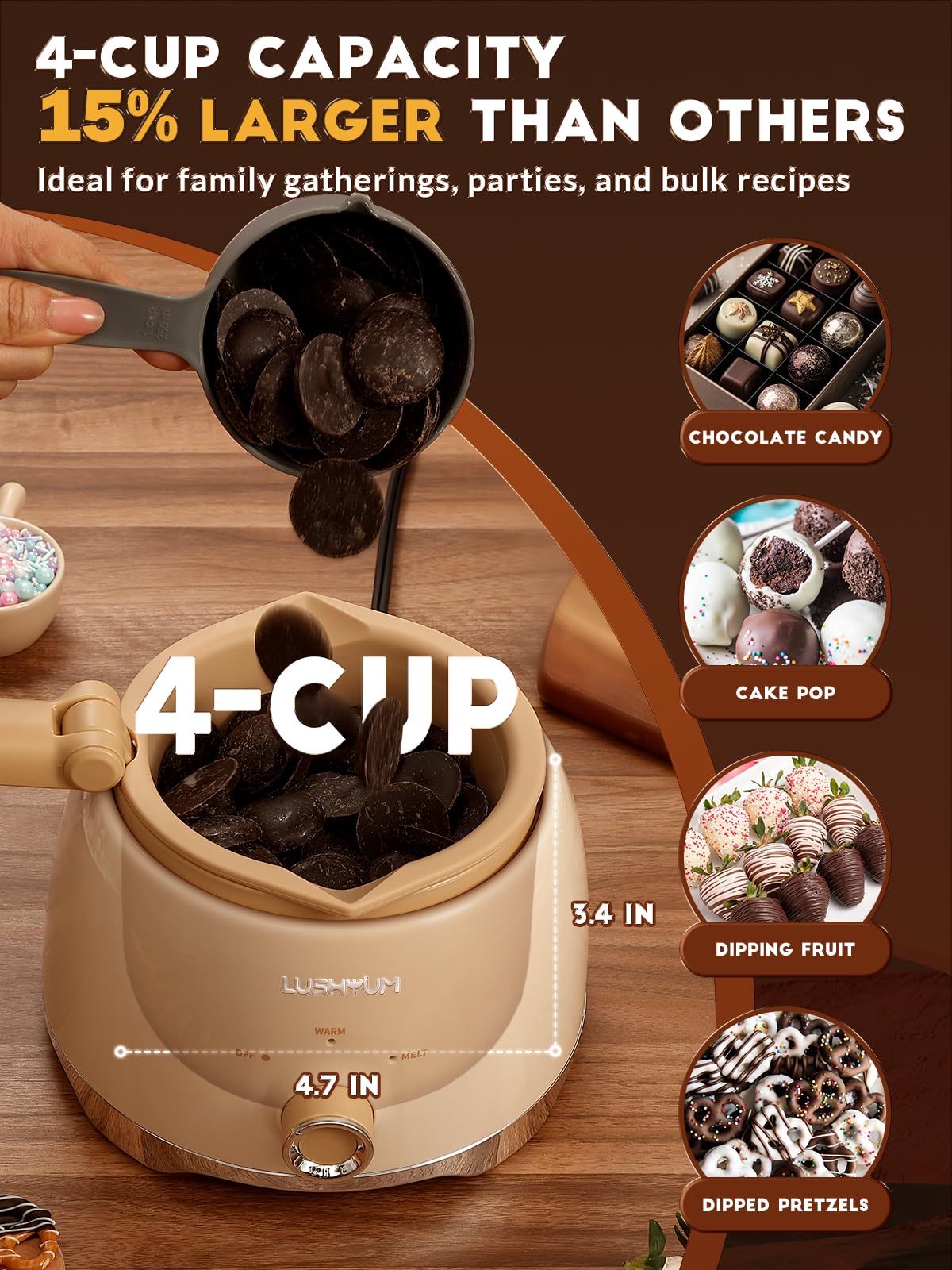 LUSHYUM four-cup capacity enables large batches for parties.