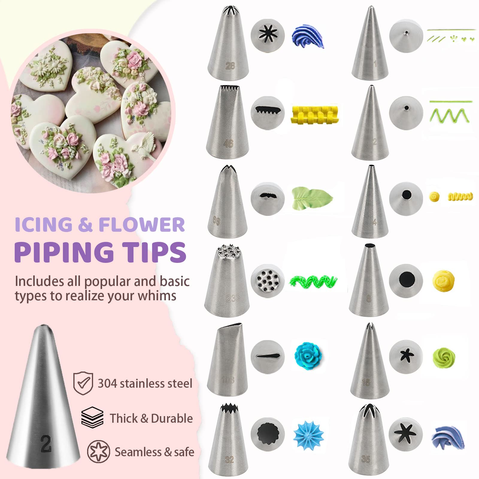 LUSHYUM 12-piece icing nozzle set enables diverse decorating styles.