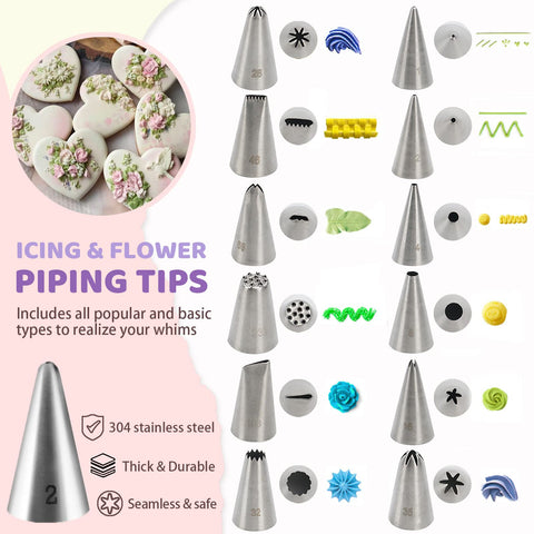 LUSHYUM 12-piece icing nozzle set enables diverse decorating styles.