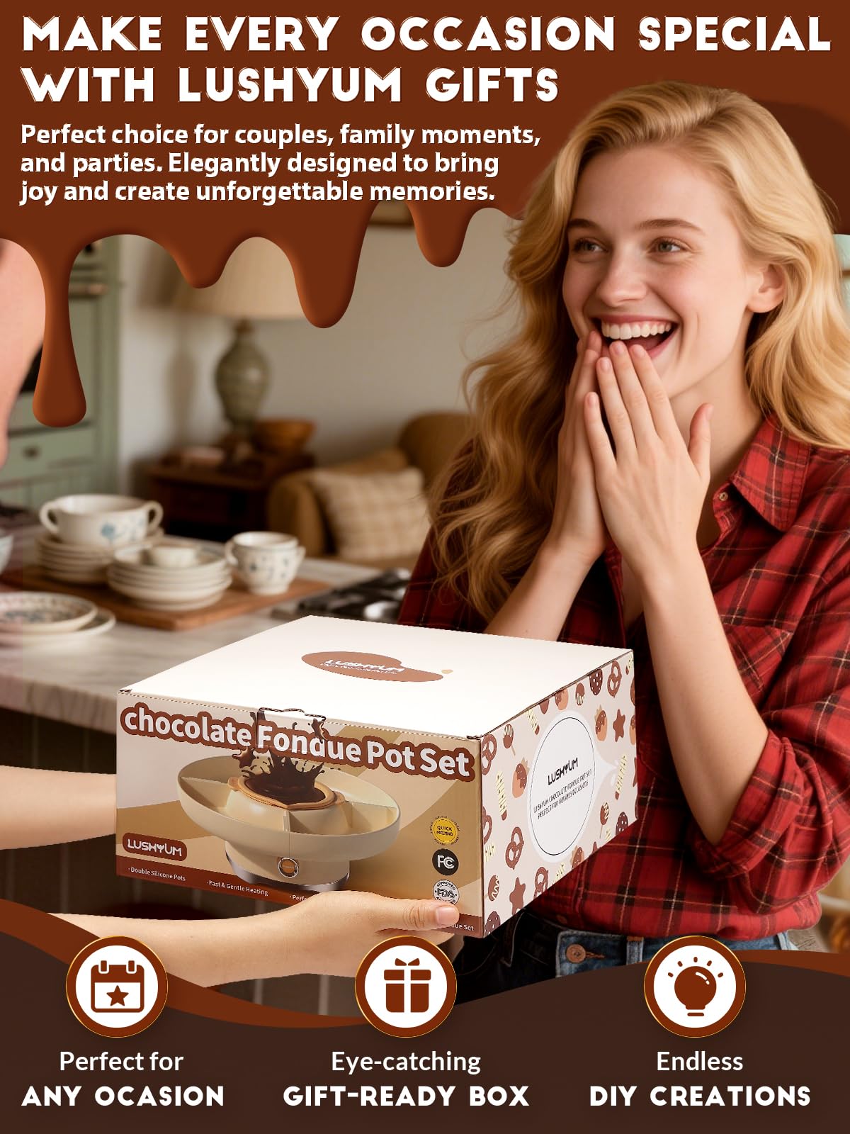 LUSHYUM 4-cup fondue set ready for parties and date nights.